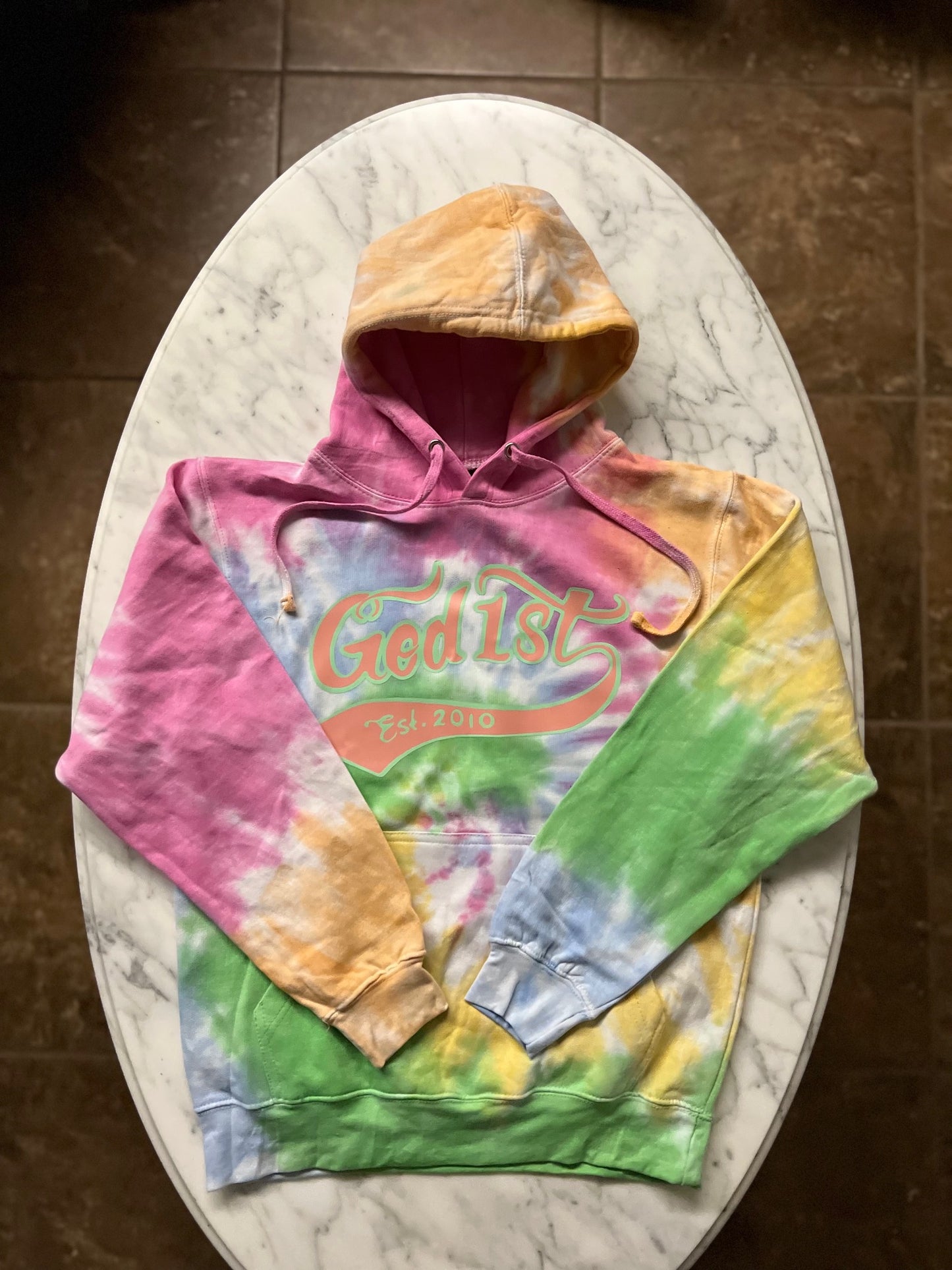 God 1st Est. 2010 - Multicolor Tie Dye Hoodie (Salmon/Green)